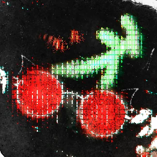 Abstract image with a black background featuring two red, circular shapes resembling eyes and bright green, glitchy lines forming a tilted cross. The mood is mysterious.